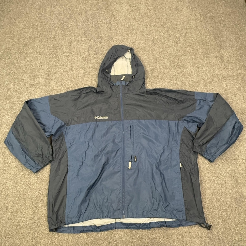 Vintage Columbia Jacket Mens 2XL Blue Hooded Full Zip Packable Windbreaker Nylon